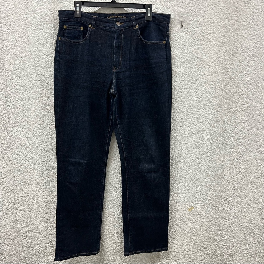 Ralph Lauren women’s size 12 denim jeans, 4 pockets, brown stitching,